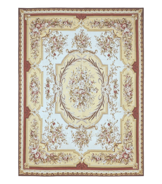 Aubusson Rug 9x12, Elegant Flatweave Savonnerie Carpet 9 x 12 ft, Ivory Light Yellow Red, Handmade Wool Flatweave French European Rug
