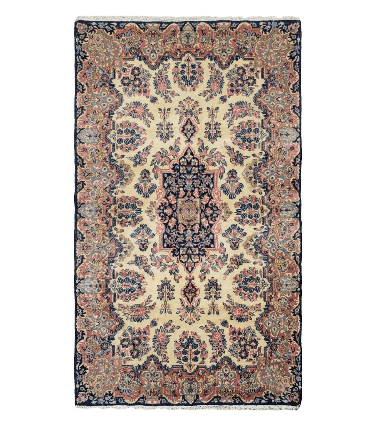 Antique Persian Kirman Rug 3.9 x 6.6, Floral Oriental Carpet, Ivory/Cream - Blue - Pink, Hand Knotted Wool Rug, Floral Medallion Rug 4x6
