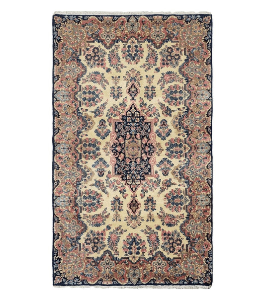 Antique Persian Kirman Rug 3.9 x 6.6, Floral Oriental Carpet, Ivory/Cream - Blue - Pink, Hand Knotted Wool Rug, Floral Medallion Rug 4x6