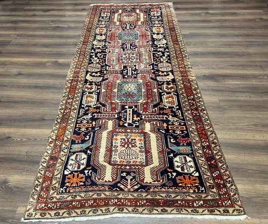 Persian Ardabil Wide Runner Rug 4x10 - Geometric Medallions & Animal Pictorials