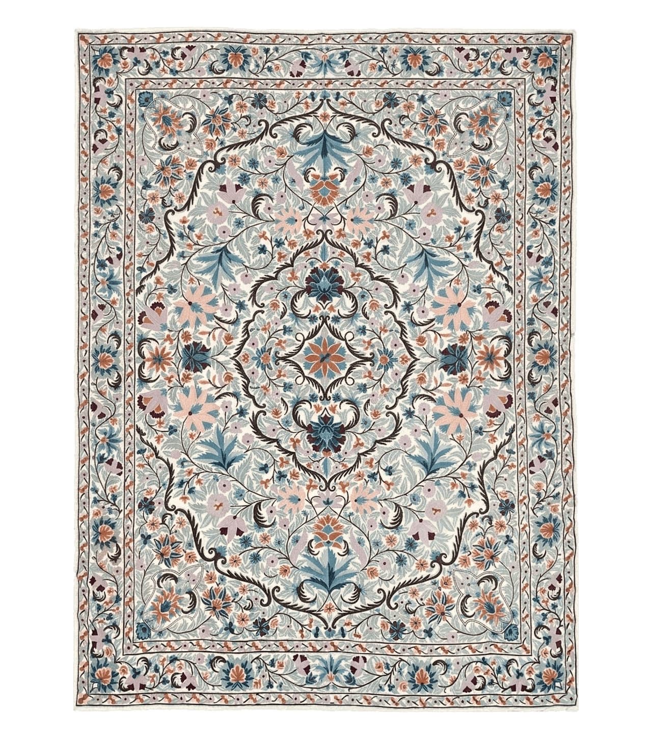 Chain Stitched Rug 9x12 Vintage Carpet 9 x 12 Flatweave Rug, Ivory Teal Rug, Area Rug 9 by 12, Hand Stitched Rug, Medallion, Indian Rug