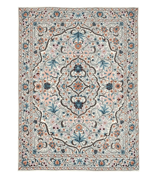 Chain Stitched Rug 9x12 Vintage Carpet 9 x 12 Flatweave Rug, Ivory Teal Rug, Area Rug 9 by 12, Hand Stitched Rug, Medallion, Indian Rug