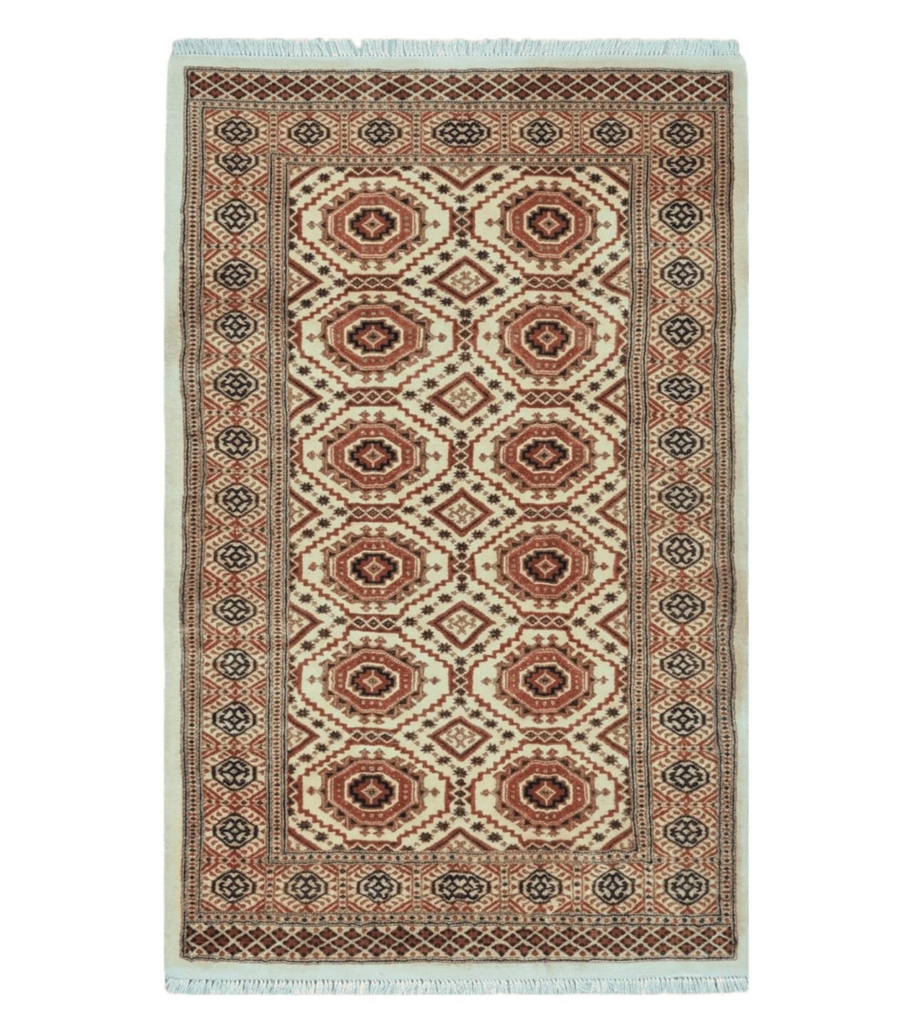 4' X 7' Vintage Handmade Pakistani Turkoman Bokhara Balouch Woven Wool Rug Ivory