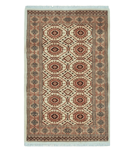 4' X 7' Vintage Handmade Pakistani Turkoman Bokhara Balouch Woven Wool Rug Ivory