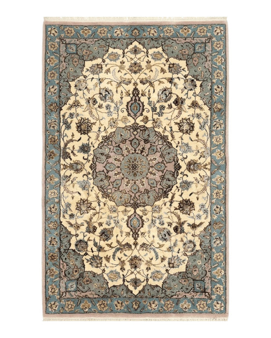 Persian Isfahan Rug 3x5, Fine 310 KPSI, Kork Wool Silk Foundation, Cream & Light Green
