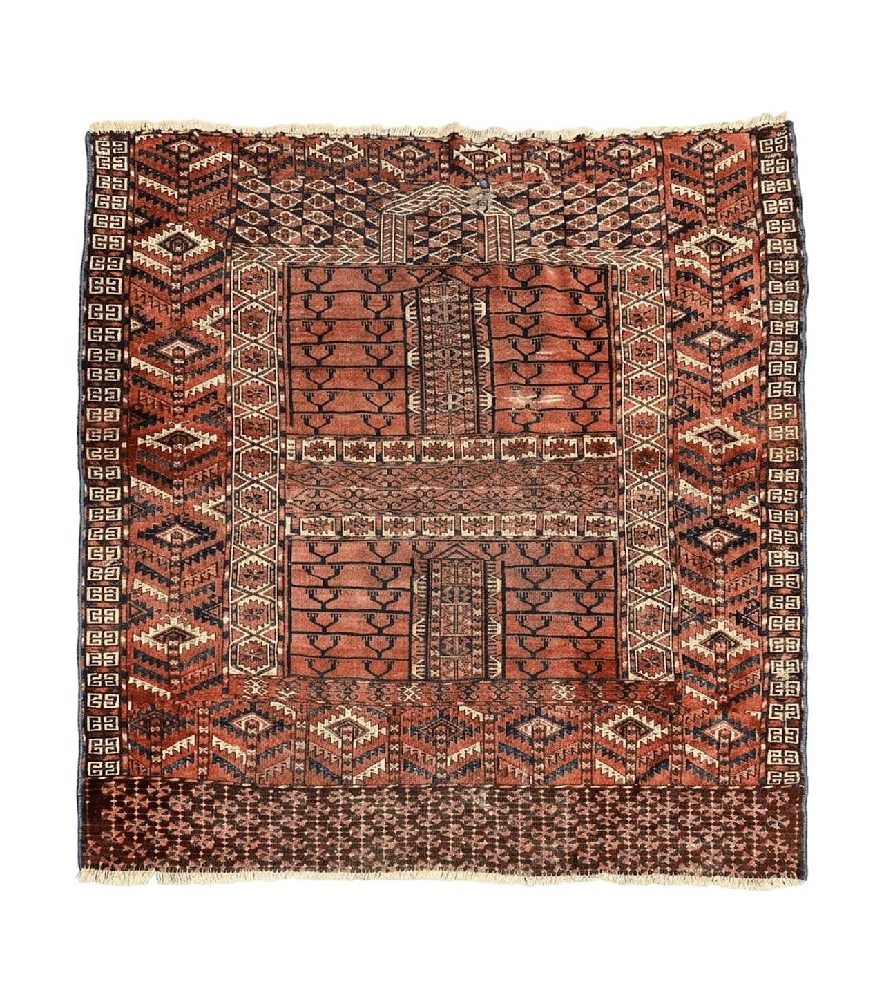 Antique Turkoman Rug 4x4, Hatchli Square Carpet, Wool Handmade Four Season Yamud Design Rug, Red Bohemian Tribal Rug, Engsi Tekkeh Rug