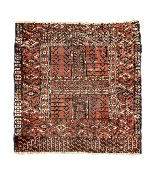 Antique Turkoman Rug 4x4, Hatchli Square Carpet, Wool Handmade Four Season Yamud Design Rug, Red Bohemian Tribal Rug, Engsi Tekkeh Rug