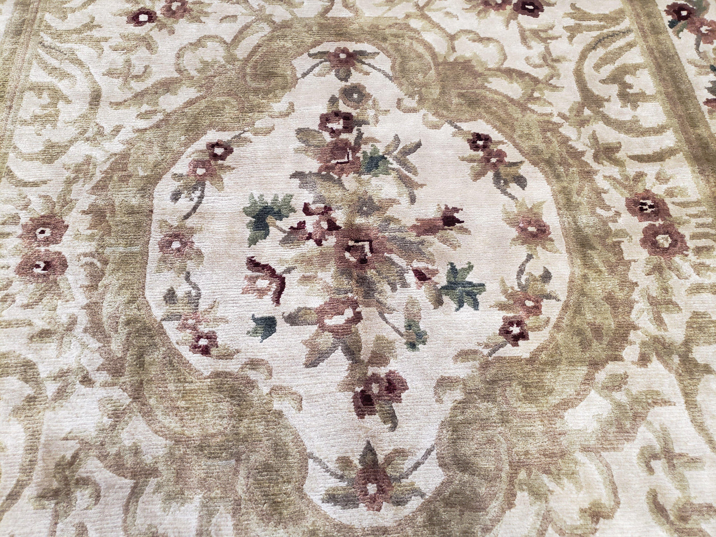 Vintage Nepali Tibetan Aubusson Rug 6x9, Wool Hand-Knotted Cream Beige Carpet, Leaves & Floral Pattern 6 x 9 Soft Area Rug Home Office Rug