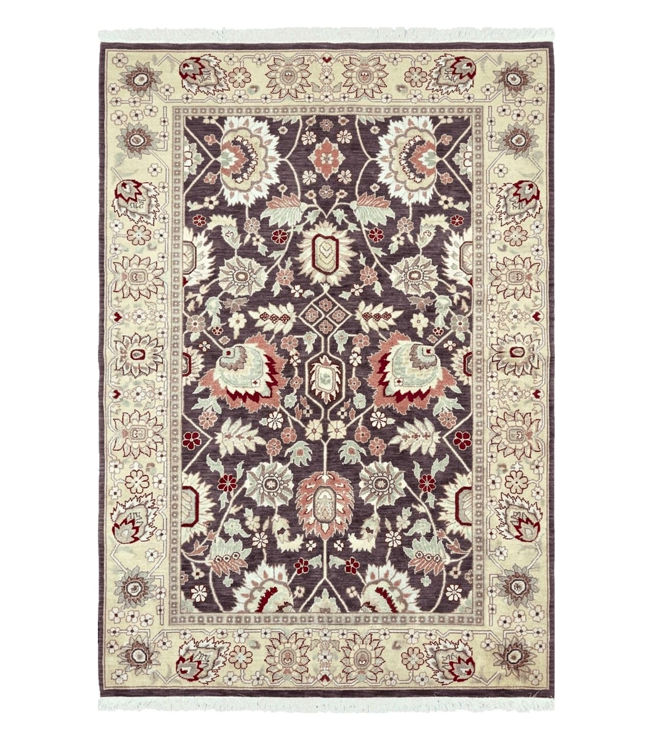 Vintage Indo Mahal Area Rug 6x9, Indian Persian Oriental Carpet 6 x 9, Puce Eggplant Tan Beige Rug, Hand-Knotted, Large Floral Design Wool