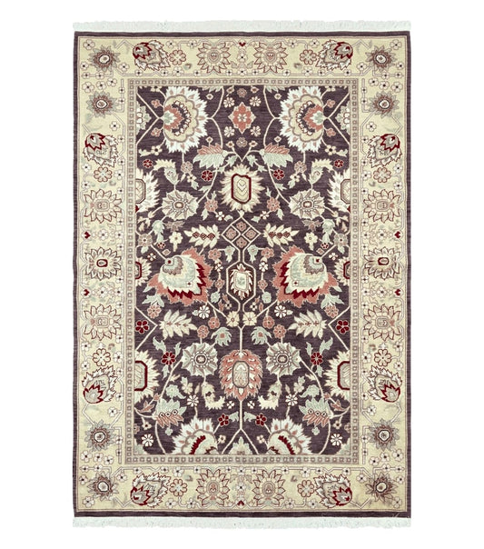 Vintage Indo Mahal Area Rug 6x9, Indian Persian Oriental Carpet 6 x 9, Puce Eggplant Tan Beige Rug, Hand-Knotted, Large Floral Design Wool