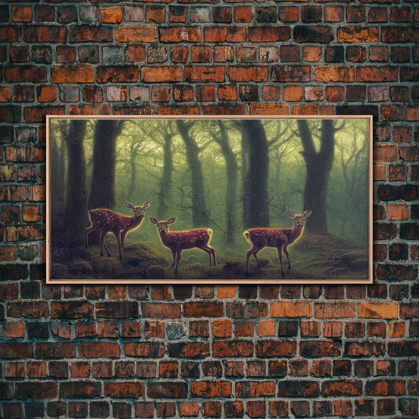 Does in a majestic forest, whitetail deer art, framed canvas print, ready to hang framed wall art