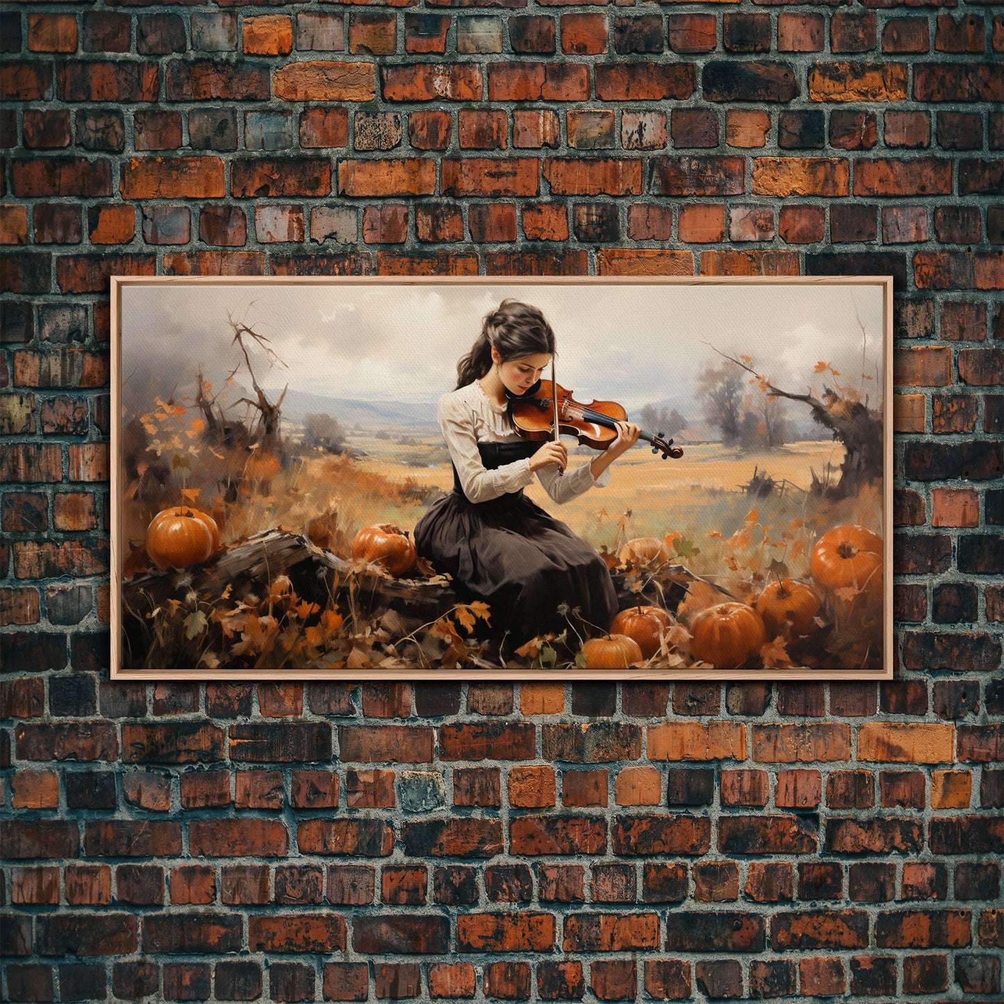 Girl Violinist, Fall Wall Decor, Pumpkin Decor, Canvas Print, Wall Hanging, Panoramic Art, Country Home Decor, Violin Wall Art, Gift For Her