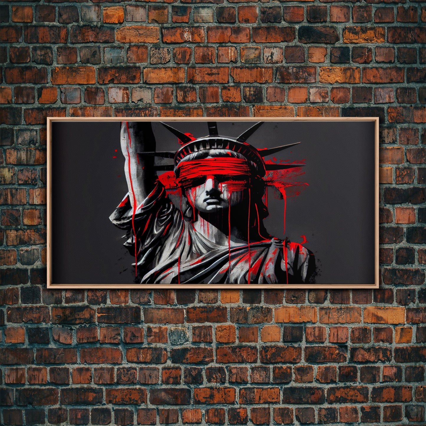 Statue of liberty wearing a bloody blindfold, Dystopian graffiti art, NYC, framed canvas print, pop art Statue of Liberty