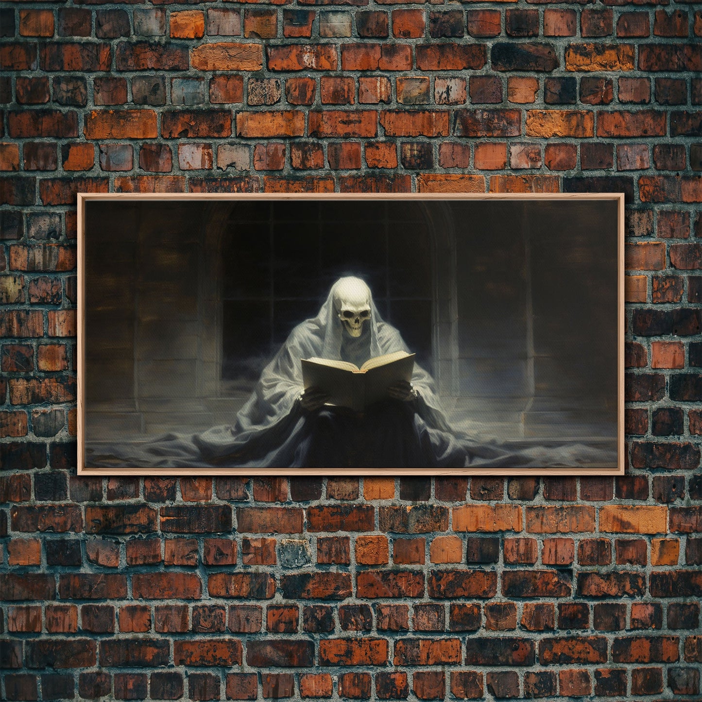 Grim Reaper Reading A Book In A Haunted Library, Framed Canvas Print, Victorian Oil Painting Style, Spooky Halloween Decor, Goth Art