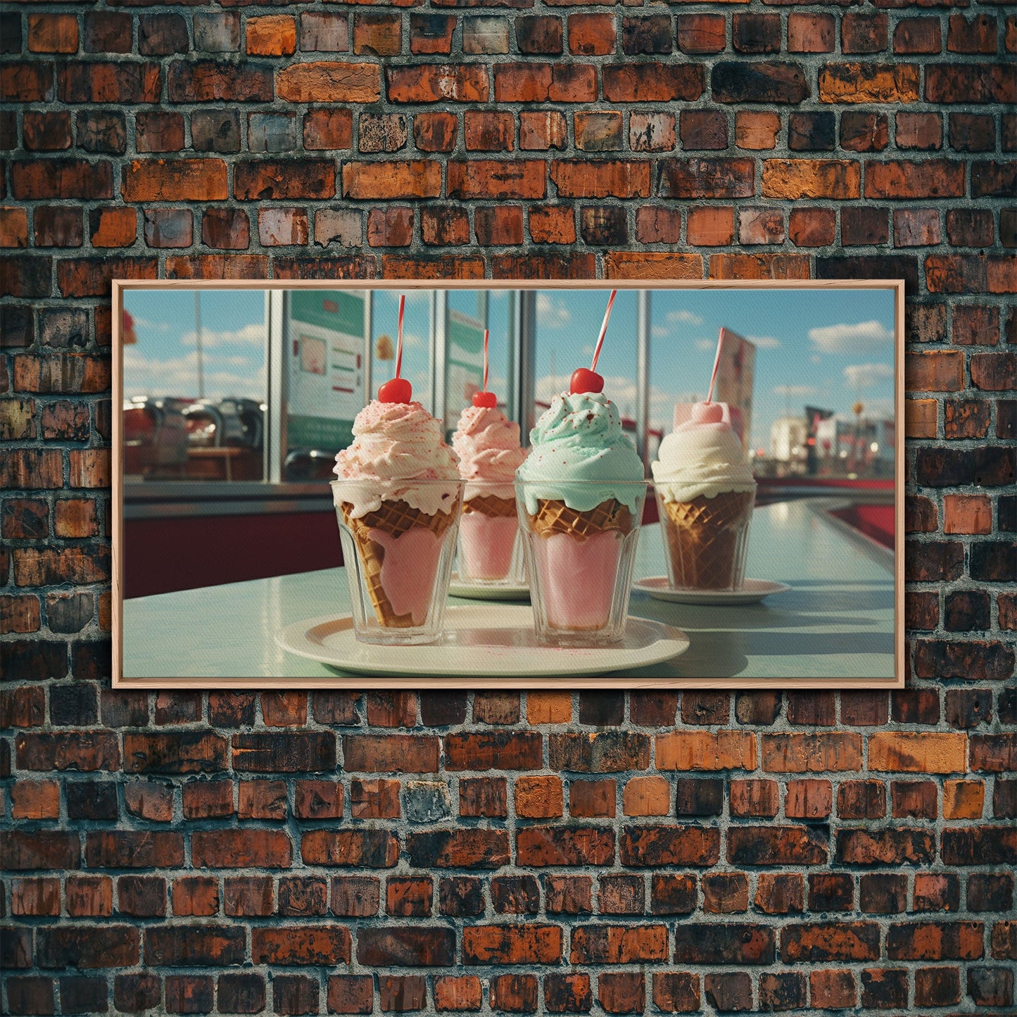 Ice Cream Shop Decor, Framed Canvas Print, Cute Nursery Decor, Retro Ice Cream Parlor Wall Art