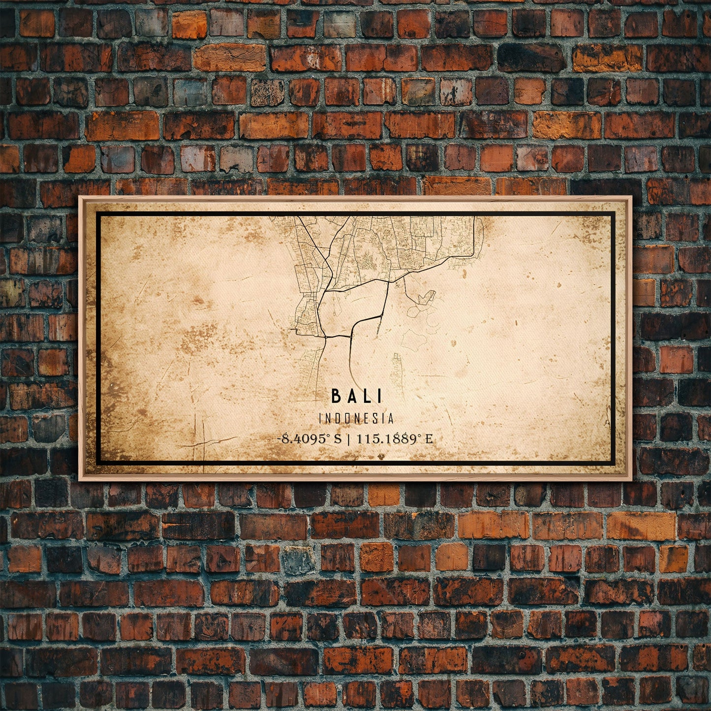 Vintage Bali Indonesia City Map Wall Art Canvas Print, Distressed Style Bali Map, Framed Wall Art, Cool Bali Travel Wall Art, Office Art