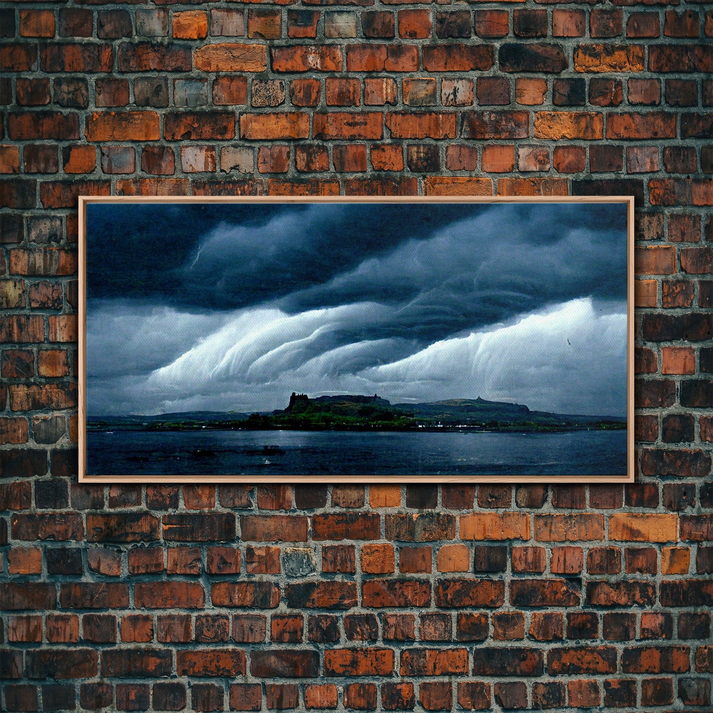 Rainstorm wall art, canvas print, ready to hang, fast moving storm over an island castle, cool wall art