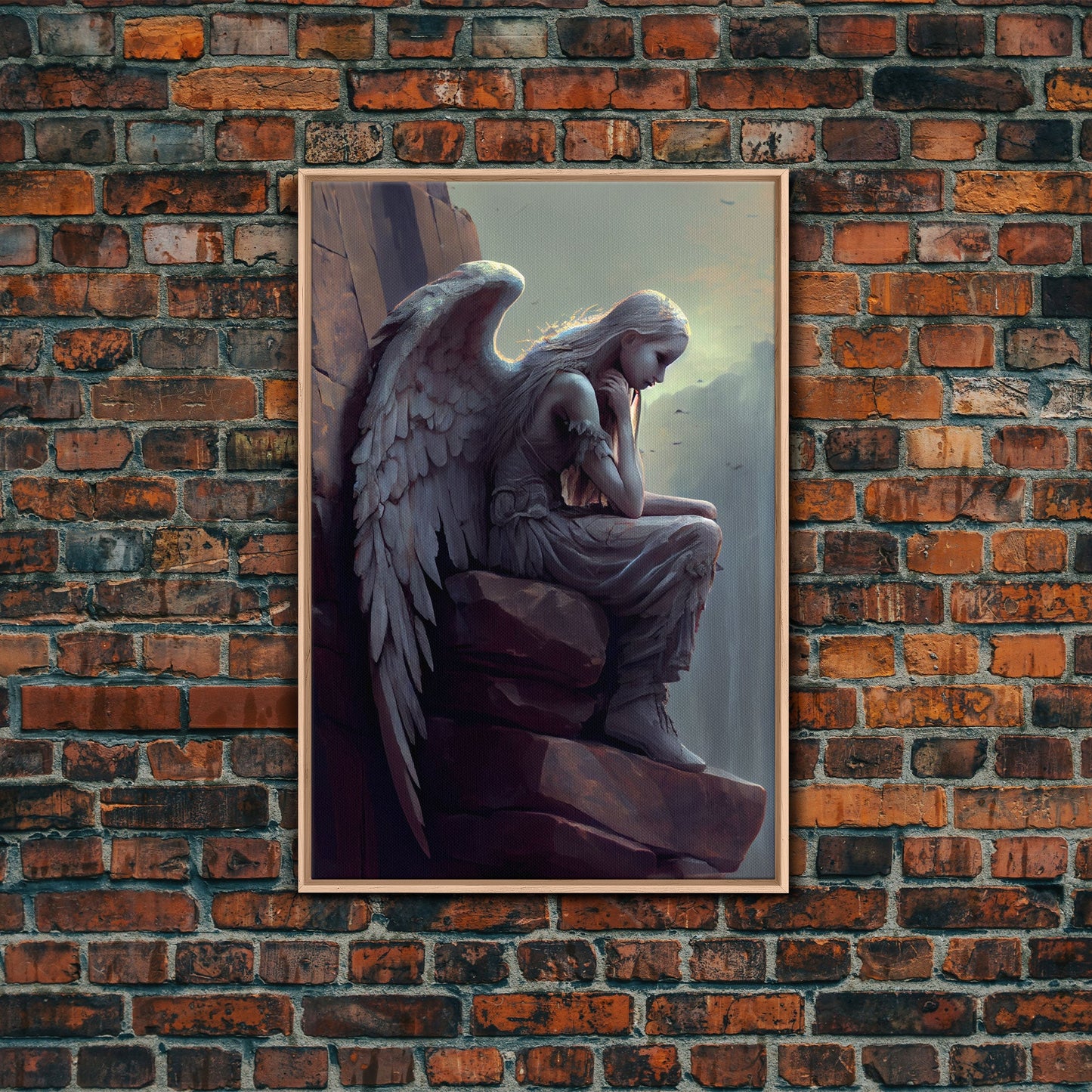 Sad angel sitting on a roof, angelic art, framed canvas print, canvas art, framed wall art