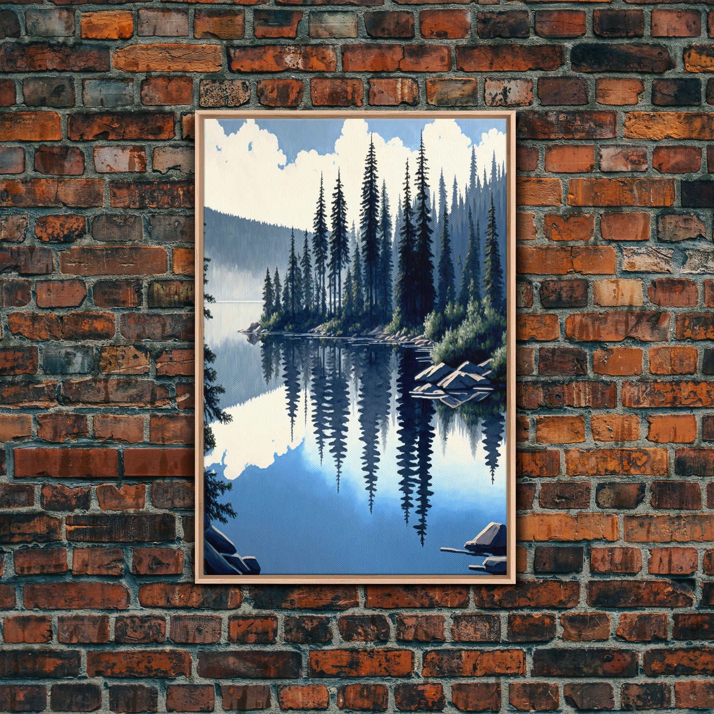 Washington State Pine Tree Forest and Lake Reflection, Framed Canvas print, watercolor painting print, unique living room wall art
