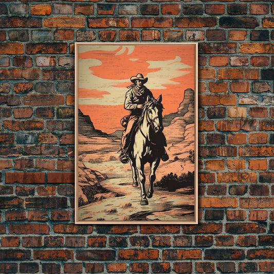 Sunset Cowboy Art Canvas Print, Vintage Western Oil Paintin, Countryside Art, Rustic Southwest Room Decor, Utah / Arizona Wild West Wall Art