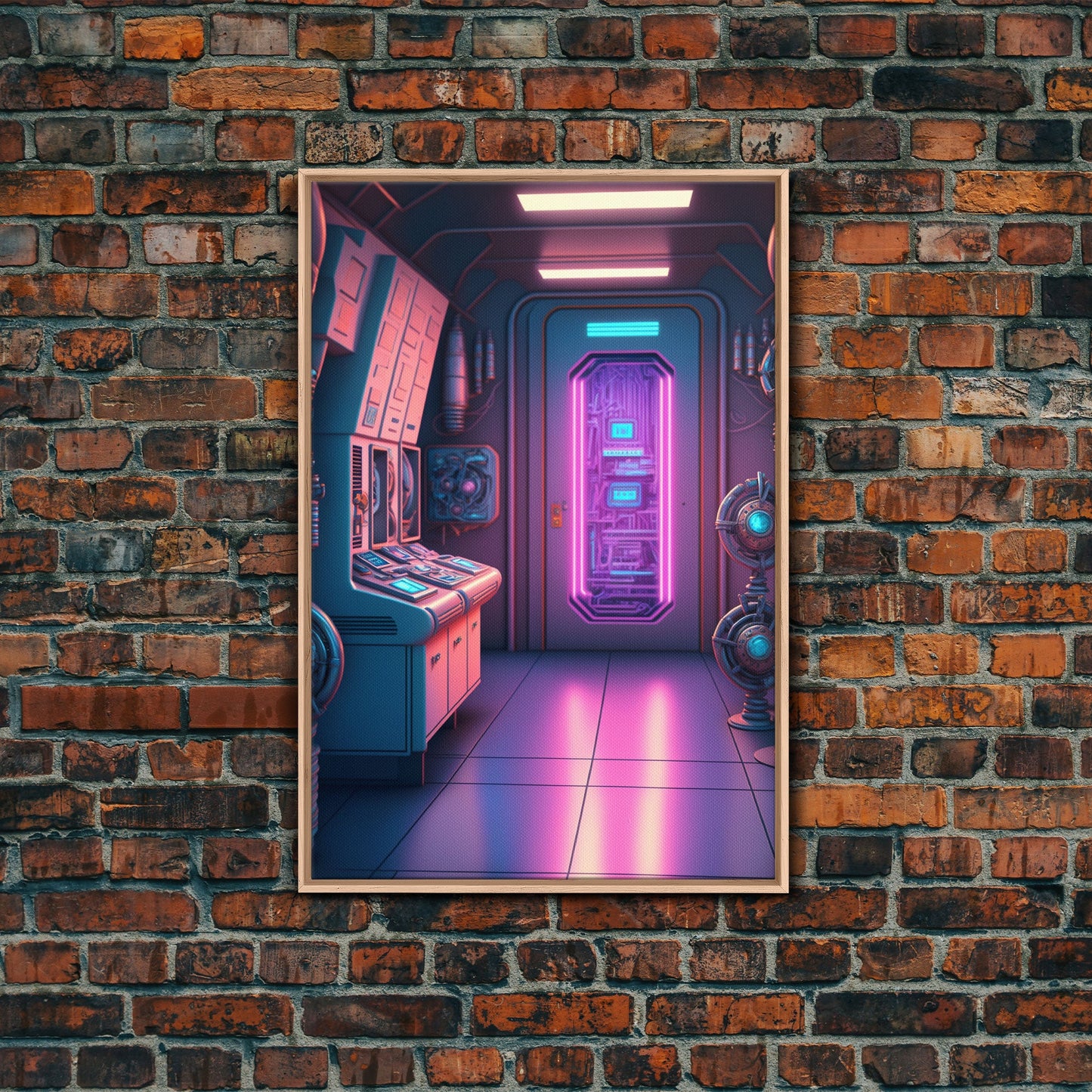 Vaporwave Futuristic Cyberpunk Space Ship Control Room, Framed Canvas Print, Scifi Art