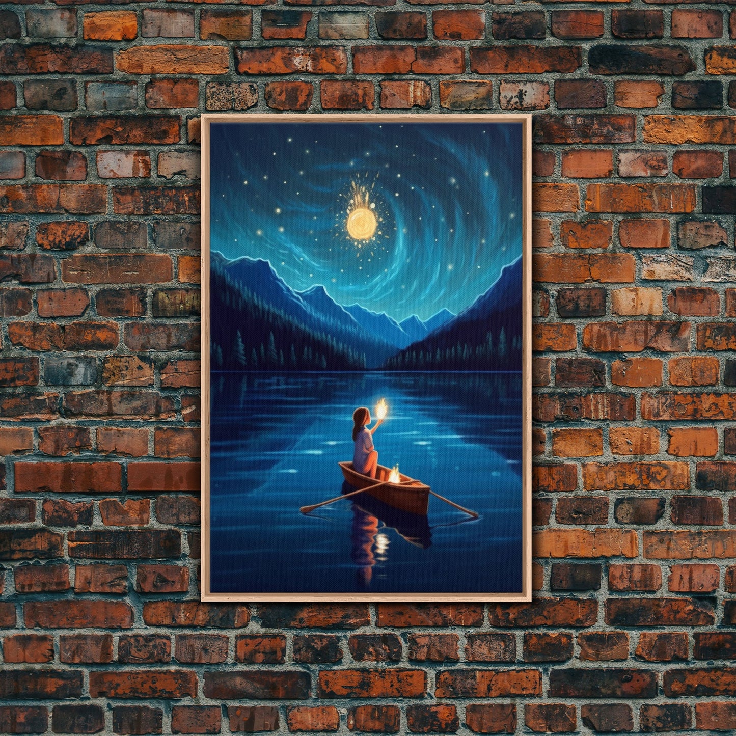 Starry Night, Girl Wizard Lights Up The Night Sky, Fantasy Art, Framed Canvas Print, Fantasy Painting Print, Original Art