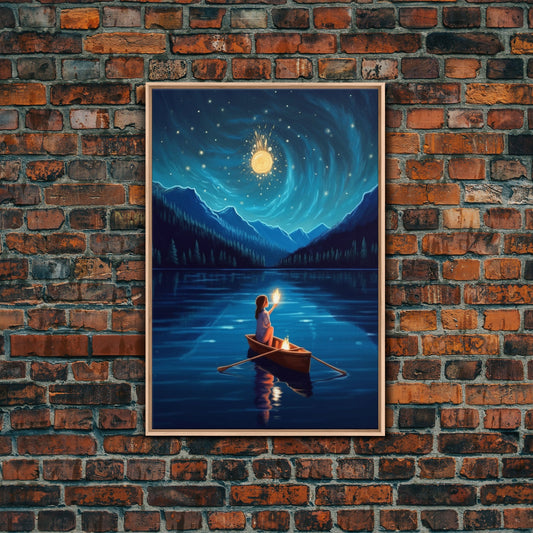 Starry Night, Girl Wizard Lights Up The Night Sky, Fantasy Art, Framed Canvas Print, Fantasy Painting Print, Original Art