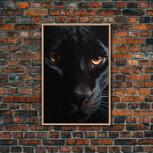 Portrait Of A Predator, Black Cat, Black Panther Photography, Framed Canvas Print, Wood Frame Wall Art