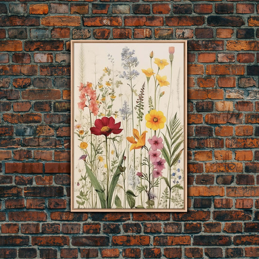 Framed Canvas Wall Art Watercolor Wildflowers, Floral Botanical Prints, Minimalist Modern Art Boho Wall Decor, Framed Wall Art