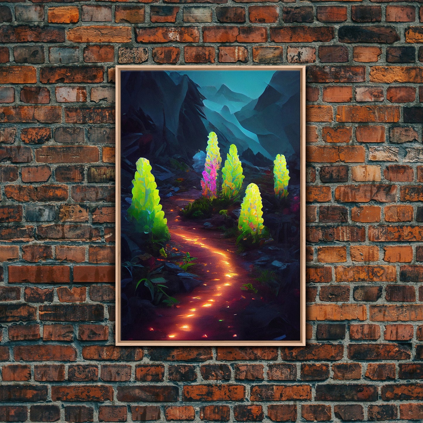 Magical forest canvas print, glowing mushroom art, fantasy forest wall art, gloomy dark home decor, luminescent forest trail wall art