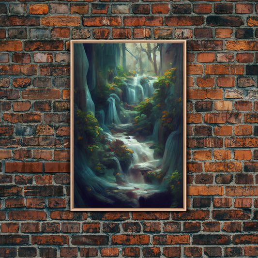 Waterfall painting canvas print, fantasy wall art, watercolor print, high fantasy, nature landscape wall art for living room