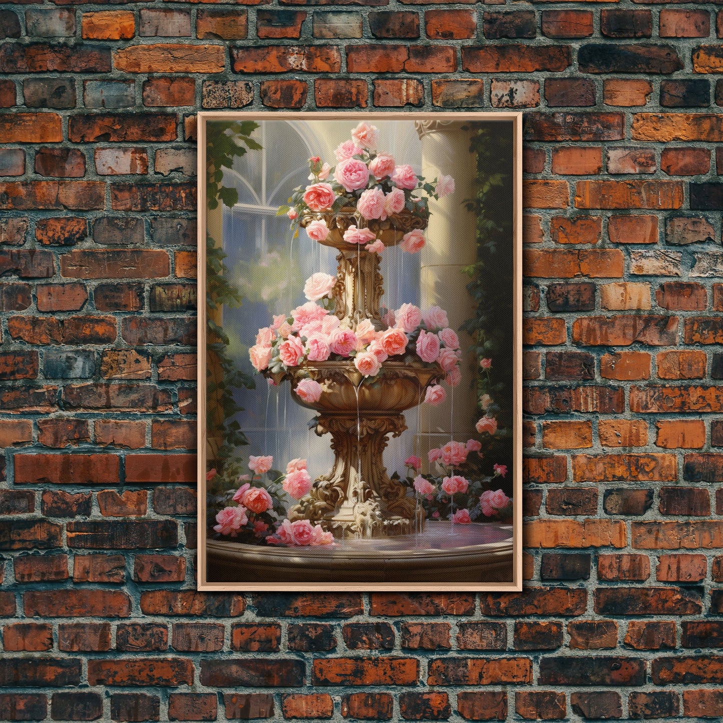 Fountain Wall Print, Pink Roses Wall Art, Flower Art Print, Canvas Print, Wall Art, Vertical Print, Botanical Art, Country Home Decor
