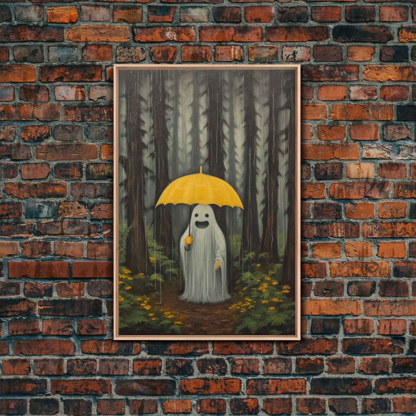 Happy Ghost In The Rain,  Vintage Halloween Canvas, Framed Canvas Print, Cute Wall Art, Who's Haunting Who?