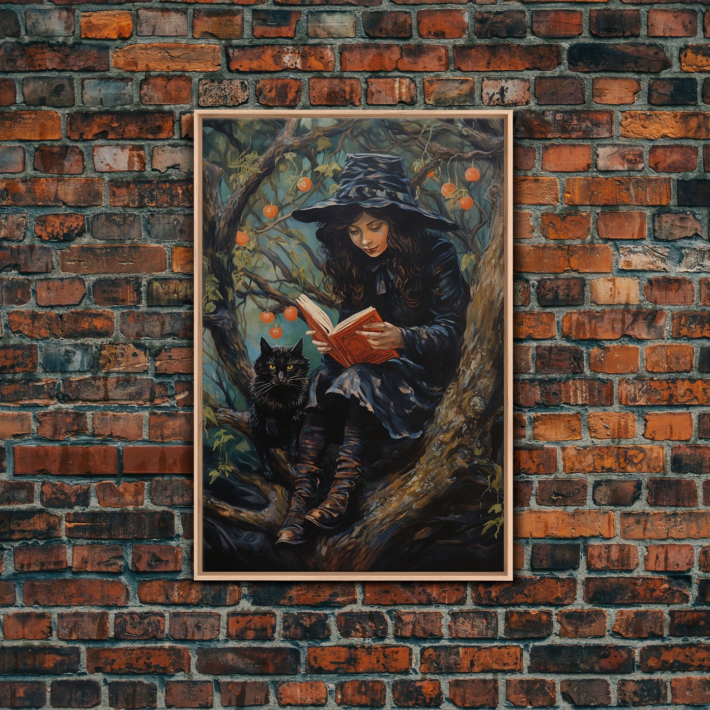 Cute Witch Reading Spells To Her Black Cat Familiar, Vintage Halloween Art, Framed Canvas Print, Halloween Canvas Art, Witchcraft