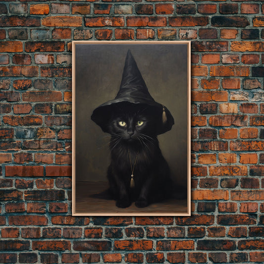 Cute Witch's Familiar Cat Halloween Art, Cat Witch, Cat Painting, Cute Cat Print, Halloween Decor, Black Cat Print, Framed Canvas / Canvas