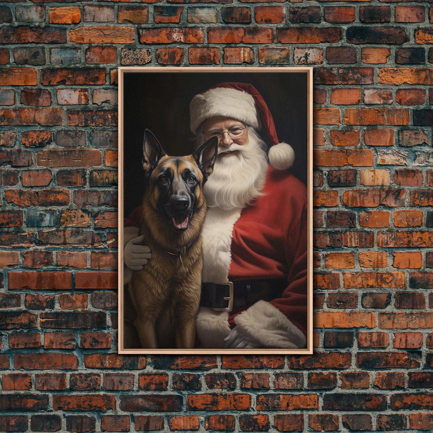 Santa Claus and his Belgian Malinois, Cute Dog Art, Framed Canvas Print, Christmas Art, Christmas Decor, Christmas Art Print, Cute Dog Print