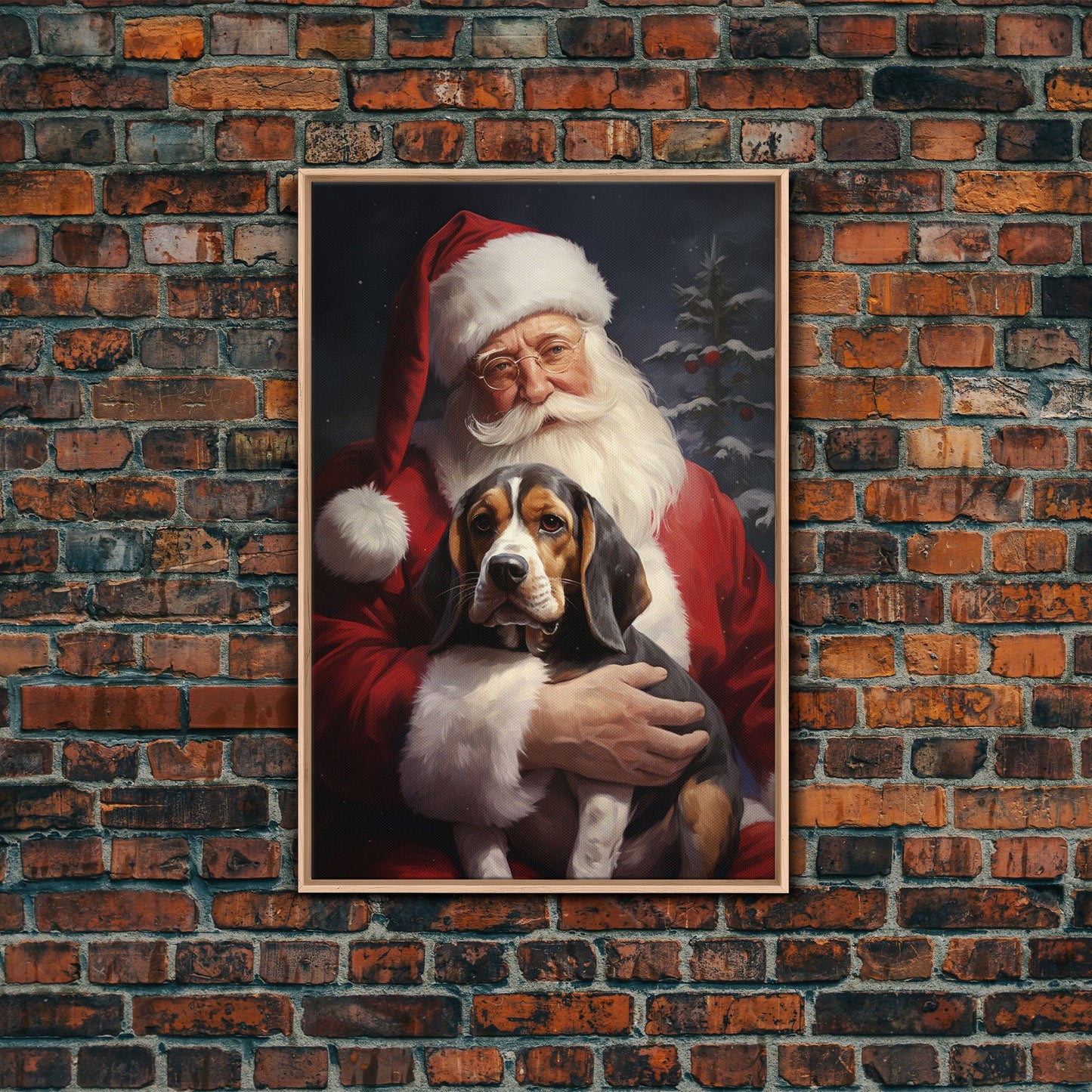 Santa Claus and his Beagle, Cute Dog Art, Framed Canvas Print, Christmas Art, Christmas Decor, Christmas Art Print, Christmas Wall Art