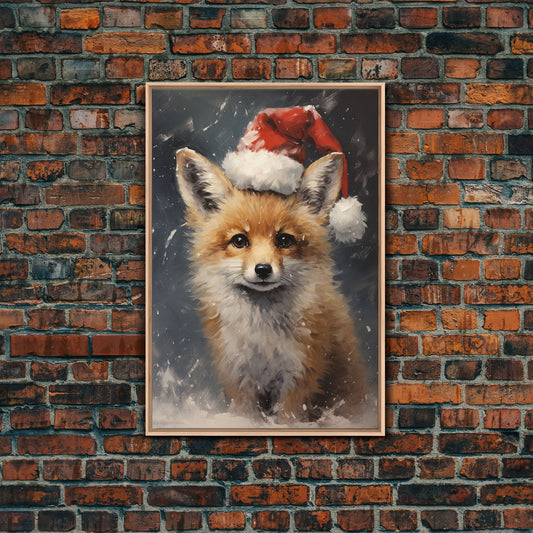 Cute Christmas Fox In A Santa Hat, Christmas Art, Christmas Decor, Christmas Wall Art, Farmhouse Christmas, Vintage Christmas, Fox Art