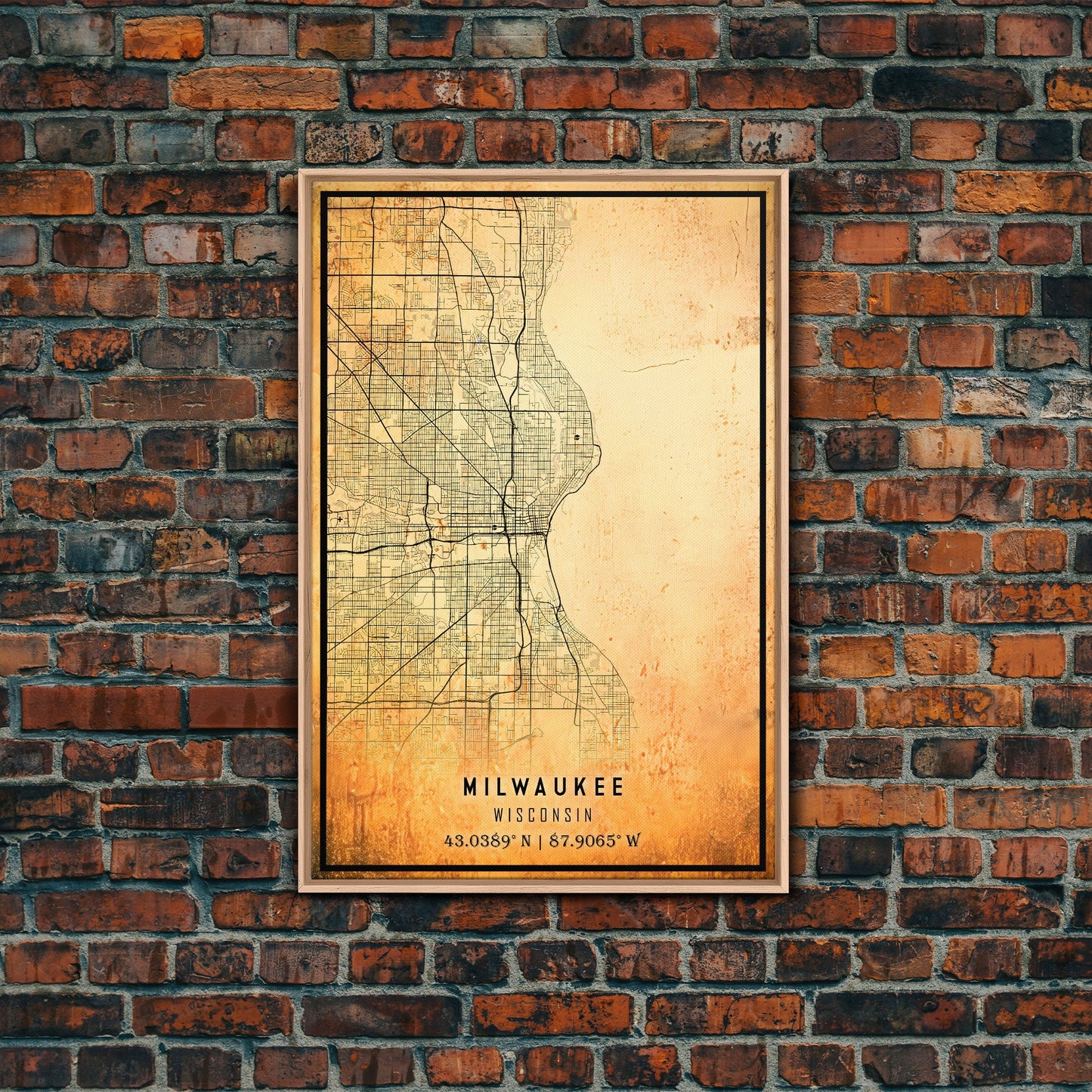 Milwaukee Wisconsin Street Map Wall Art, Framed Canvas Print, Wisconsin Map Print Poster and Canvas, Milwaukee City Office Wall Art
