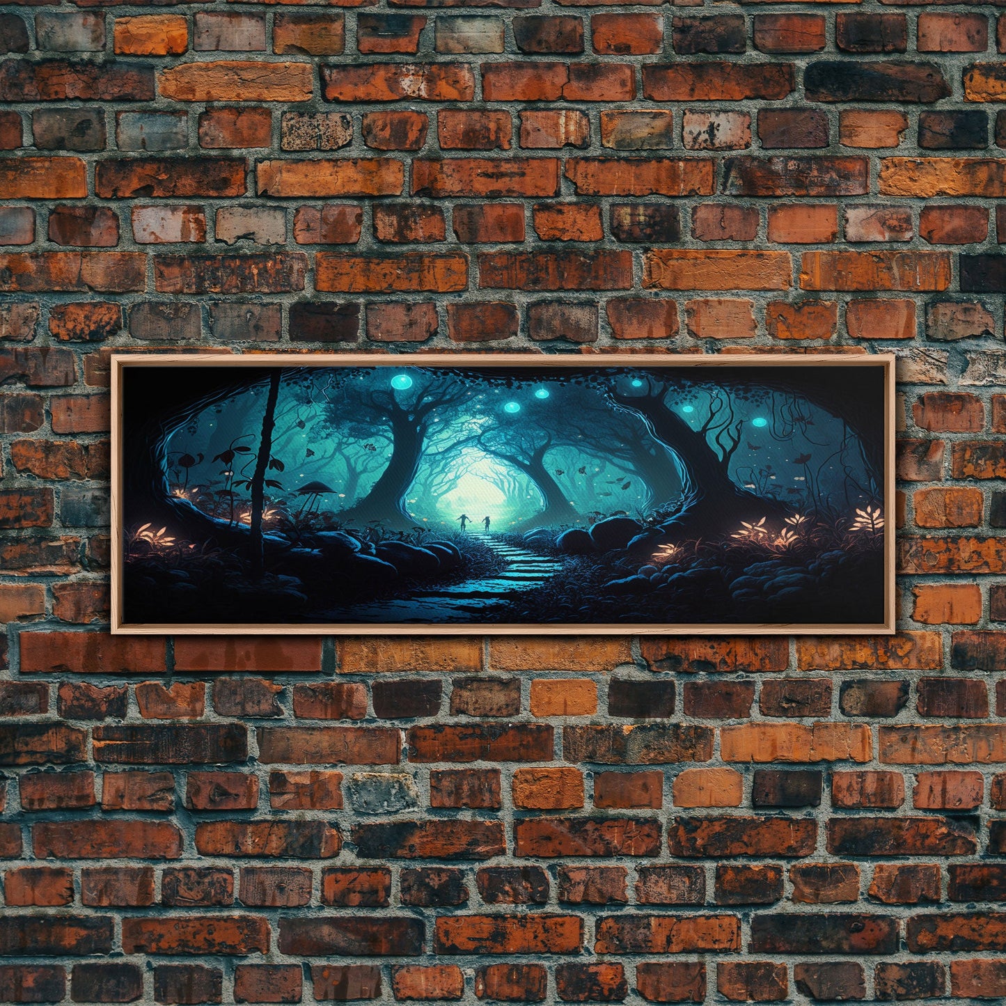 The mycelium Networrk, Fantasy Art, Framed Canvas Print, Bioluminescent Fantasy Forest At Night, Blue Glowing Ambience Art