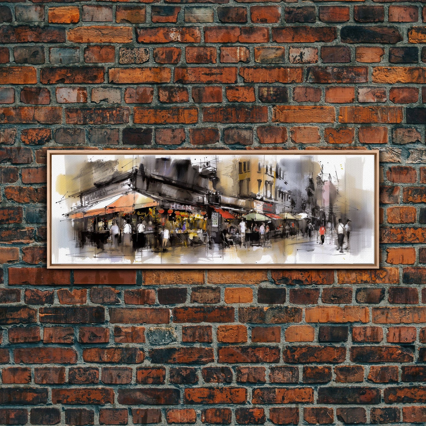 Watercolor Market Wall Art, Abstract Canvas Print, Urban Art, Large Art Print, Framed Canvas Print, Panoramic, Wall Art, Canvas Print