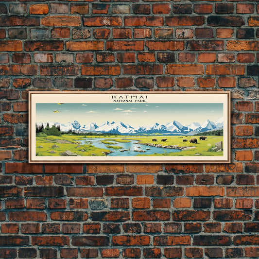 Katmai National Park Panoramic Alaska Travel Art, National Park Print, Minimalist Travel Art, Subdued Watercolor Painting Panoramic