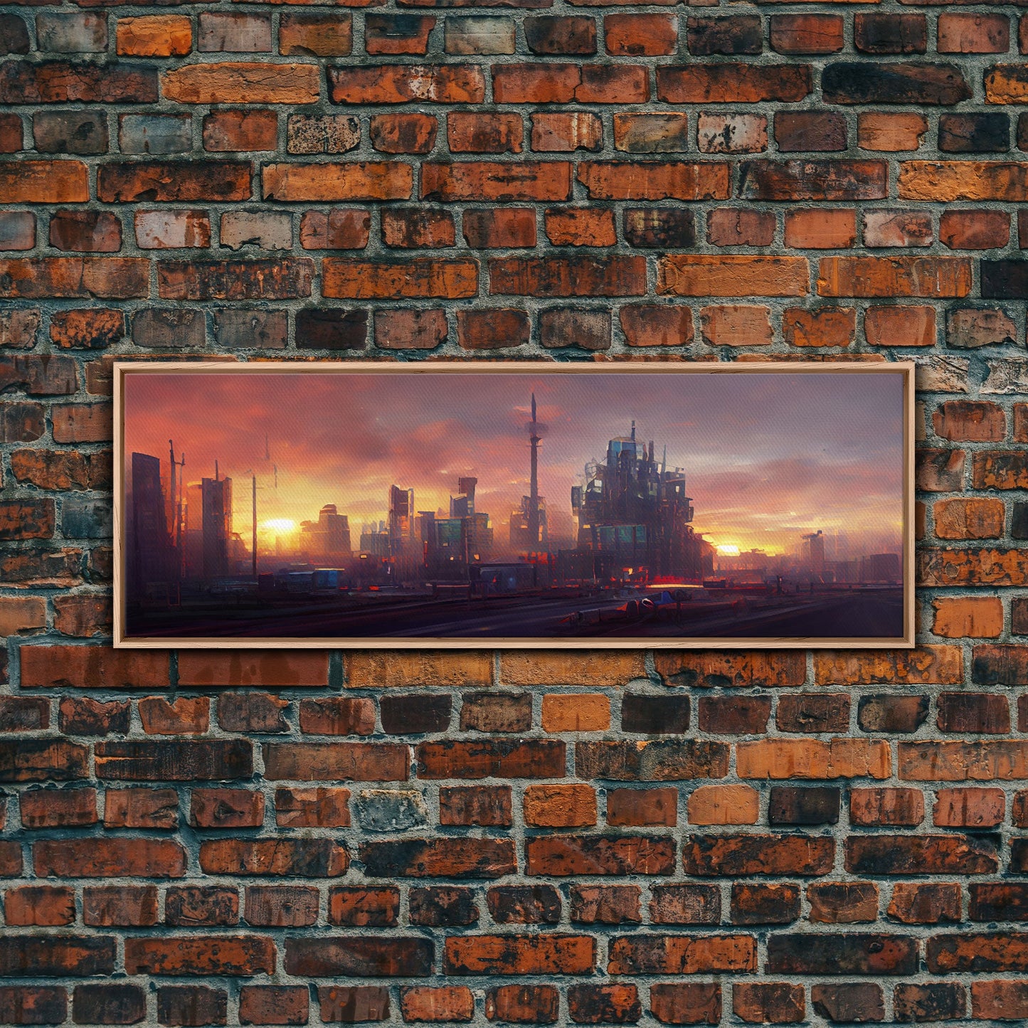 Cyberpunk City, Night City Watercolor, Ready To Hang Canvas Print, Panoramic, Videogame Concept Art, Watercolor Painting Of a Cyberpunk City
