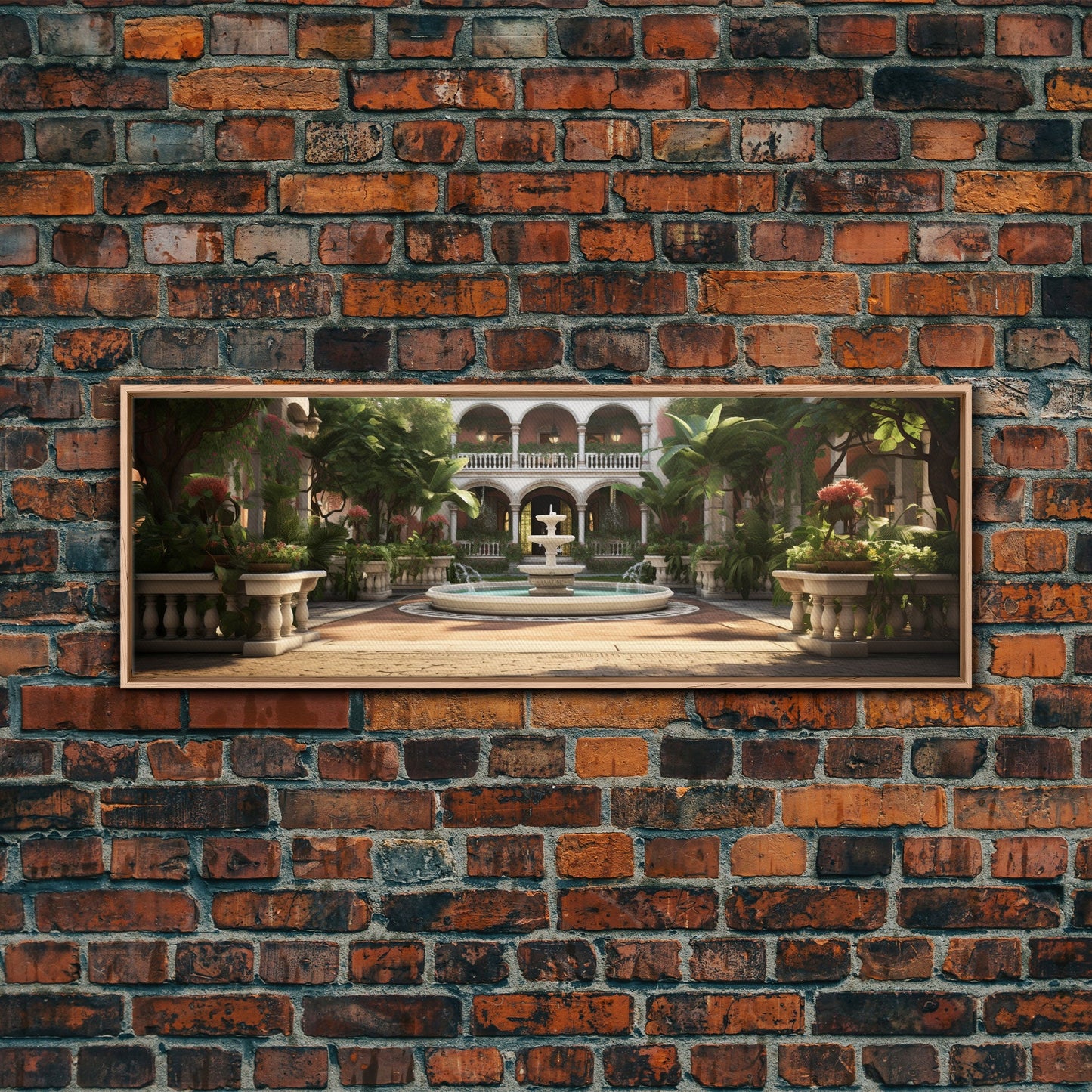 The Court Yard With The Marble Fountain, Framed Canvas Print, Watercolor Painting Framed Wall Art