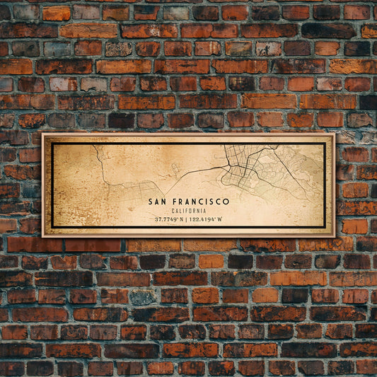 Panoramic Old San Francisco City Map Wall Art Canvas Print, Vintage Style San Francisco Map, Framed Wall Art, Cool Wall Art, Office Decor