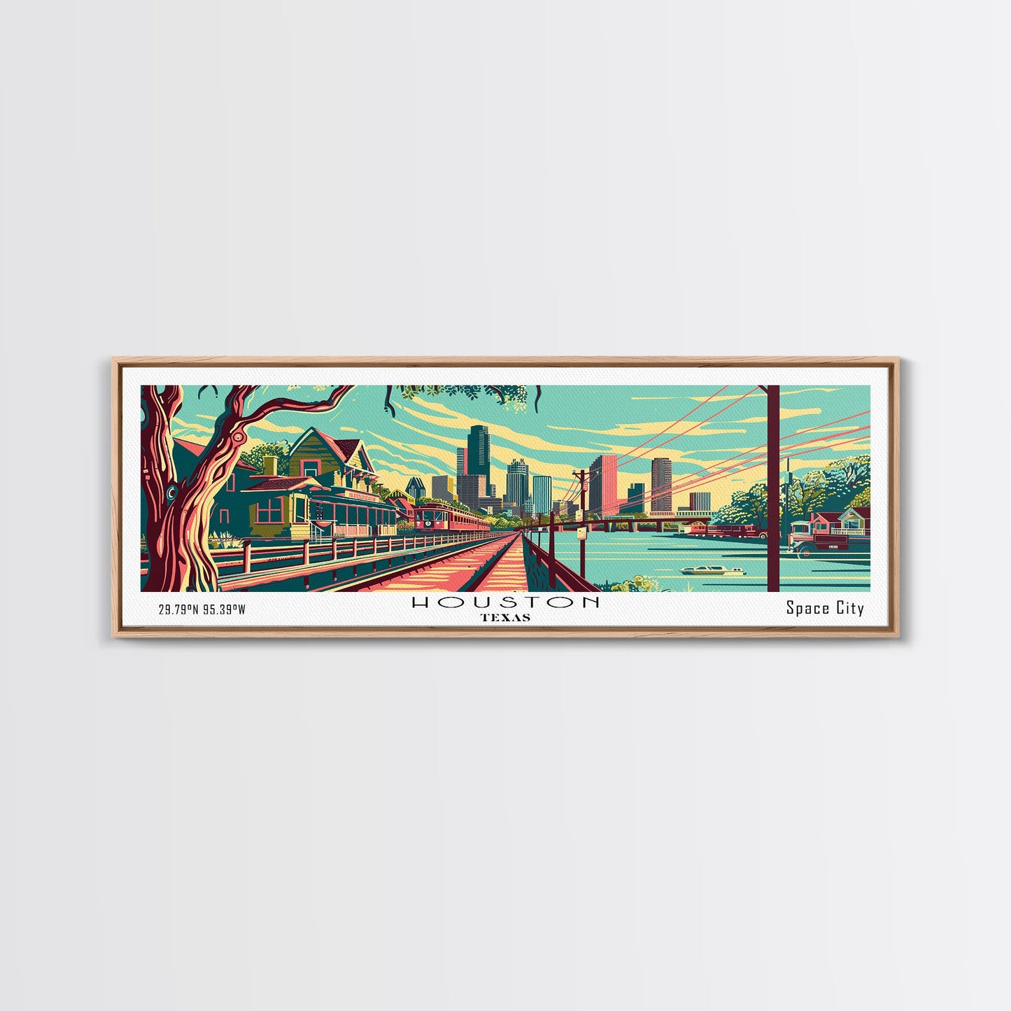 Houston Texas Panoramic Travel Poster Framed Canvas Print, Mid Century Modern Art, Pop Art Style, Wall Art, Living Room Decor, Home Decor, Retro Style Art