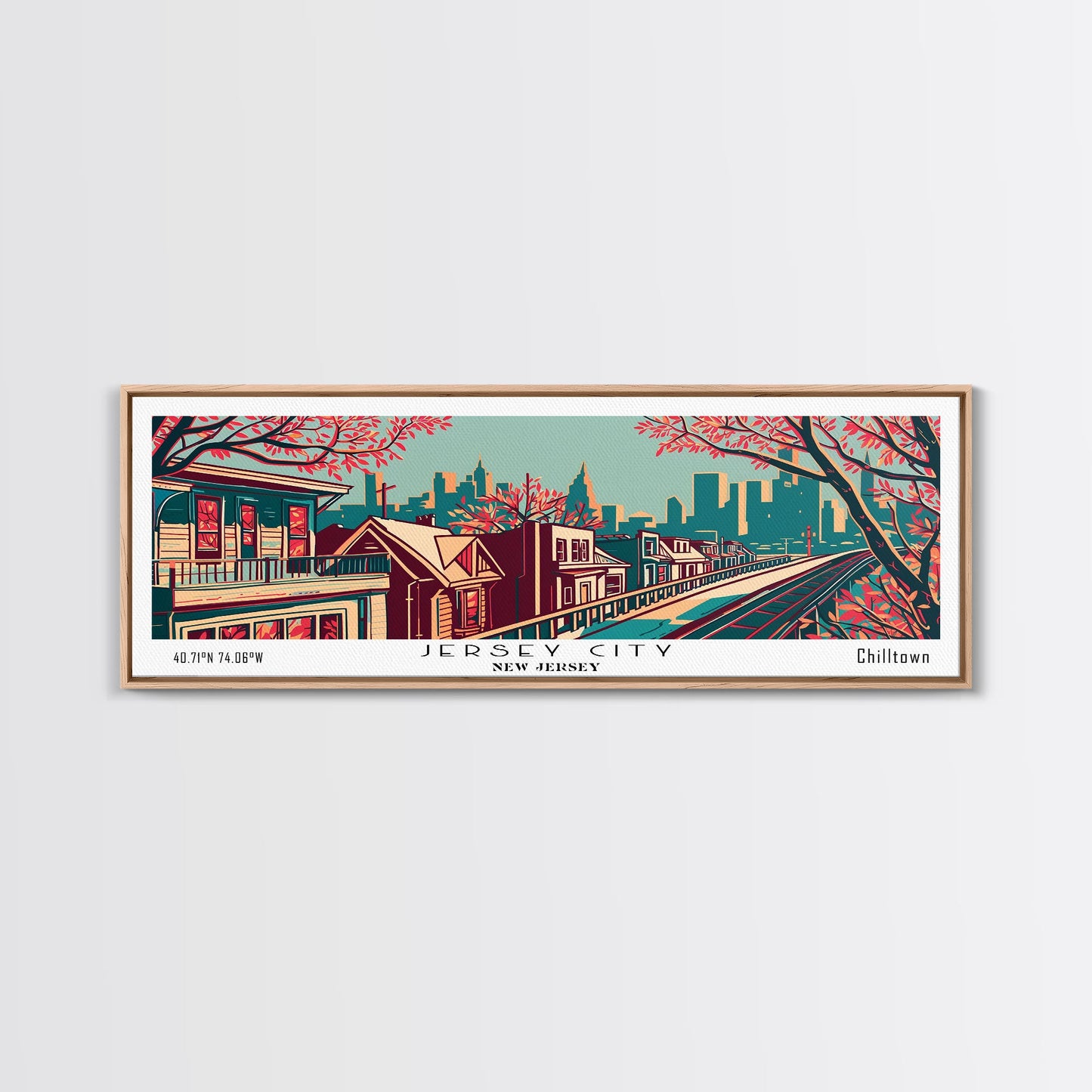 Jersey City New Jersey Panoramic Framed Canvas Print, Travel Poster, Mid Century Modern Art, Pop Art Style, Wall Decor, Office Art, Home Decor, Living Room Art