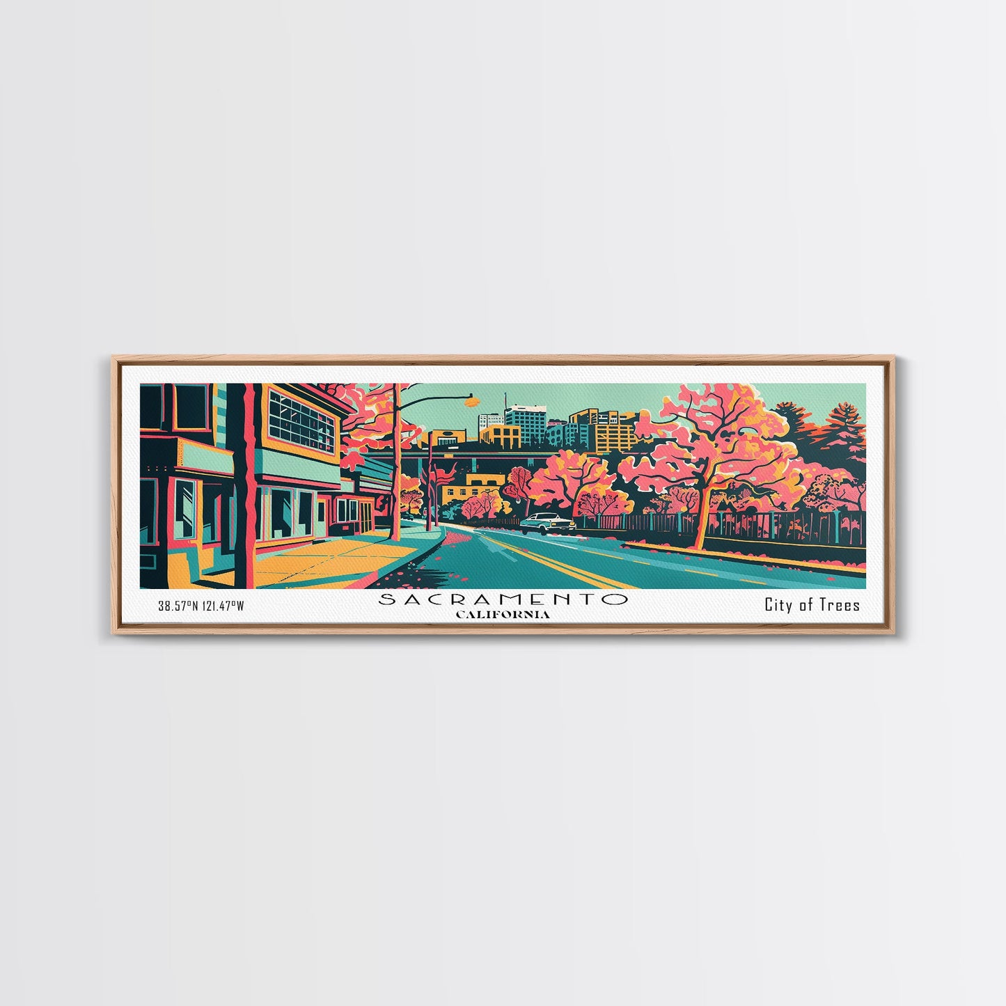 Sacramento California Panoramic Painting Framed Canvas Print, Travel Poster, Mid Century Modern Art, Pop Art Style, Wall Decor, Office Wall Art