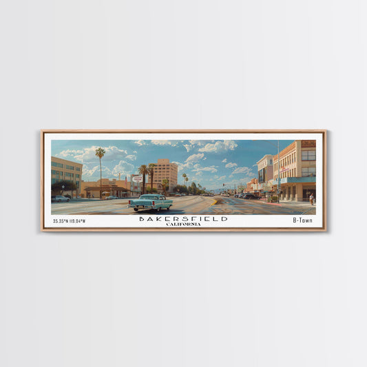 Bakersfield California Panoramic Watercolor Painting, Framed Canvas Print, Scenic City Art, Travel Poster, Wall Decor, Living Room Art, Office Wall Art