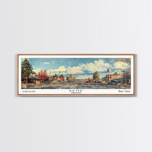 Bend Oregon Panoramic Painting, Watercolor Framed Canvas Print, Scenic City Art, Travel Poster, Home Decor, Wall Hanging, Living Room Art